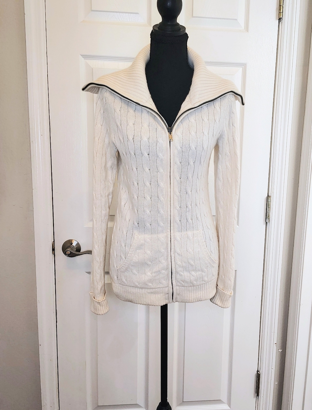 SAKS 5th Ave Cashmere Cable-Knit Zip Sweater Ivory White Old Money Luxury LARGE